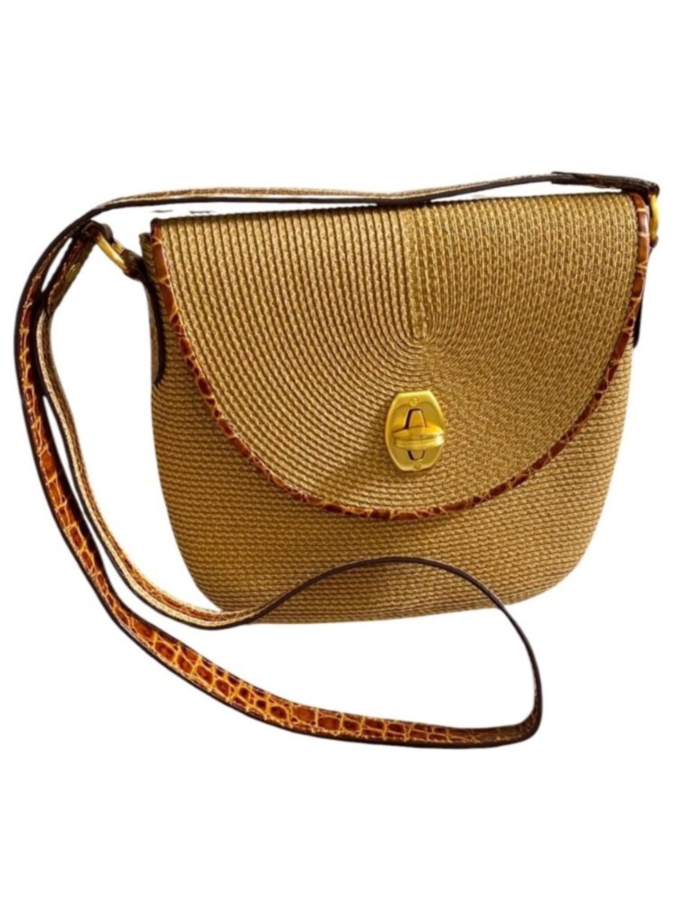 Eric‎ Javits Tan Woven Handbag With Faux Croc Trim And Shoulder Strap